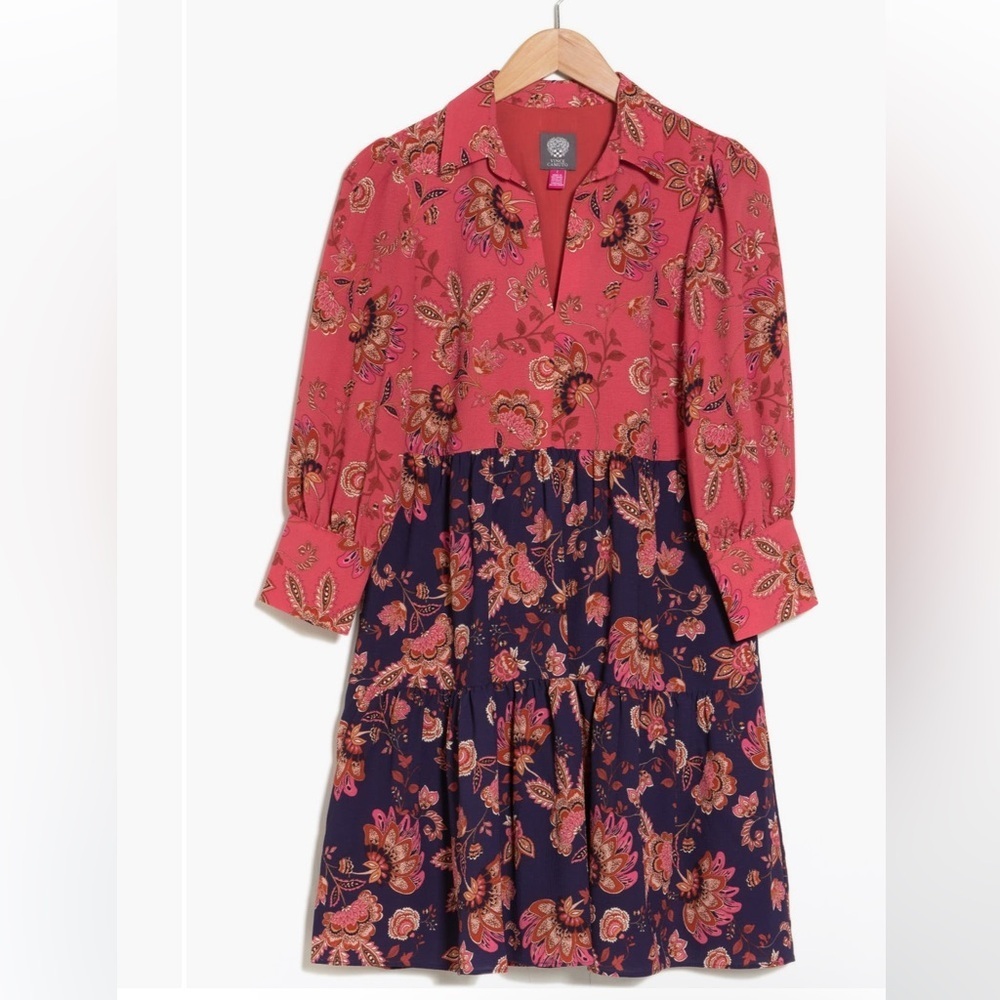 🌸 Vince Camuto Colorblock Long Sleeve Tiered Shirtdress - Picture 3 of 4